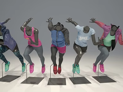 Multiple Mannequins Wearing Colorful Sportswear In Jumping Poses On Display Stands 3d model