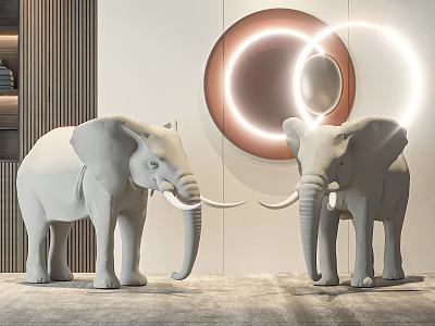 Modern Elegant Elephant Sculptures With Circular Light Rings On Background Wall 3d model