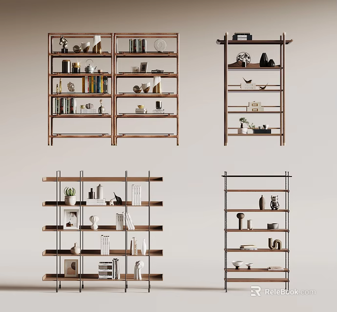 Modern Wooden Bookcases With Multiple Shelves For Books And Decorative Items 3d model 