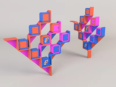 Modern Geometric Design Decorative Cabinet With Orange Pink Blue Colorful Blocks 3d model