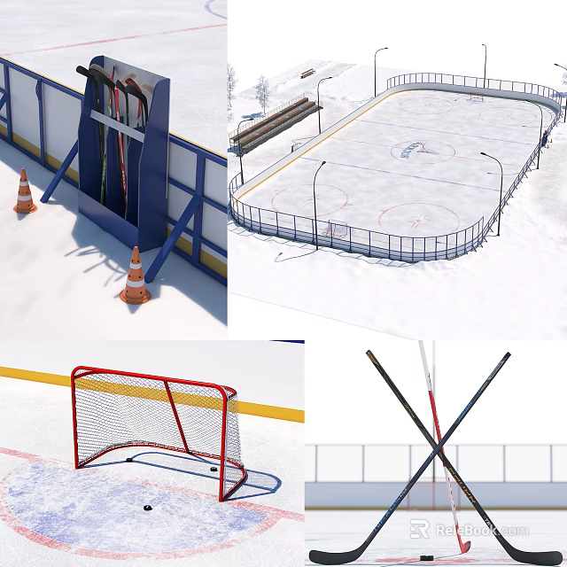 Outdoor Ice Hockey Rink With Fencing Goal Net And Hockey Sticks For Fitness Training 3d model 