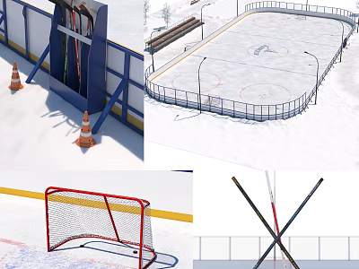 Outdoor Ice Hockey Rink With Fencing Goal Net And Hockey Sticks For Fitness Training 3d model