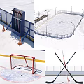 Outdoor Ice Hockey Rink With Fencing Goal Net And Hockey Sticks For Fitness Training