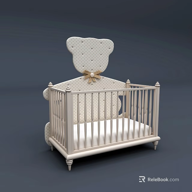 Cute White Baby Crib with Bear Shaped Headboard and Bow Decoration 3d model 