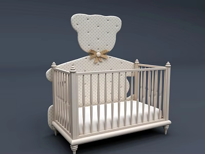 Cute White Baby Crib with Bear Shaped Headboard and Bow Decoration 3d model