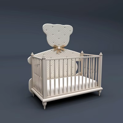 Cute White Baby Crib with Bear Shaped Headboard and Bow Decoration 3d model