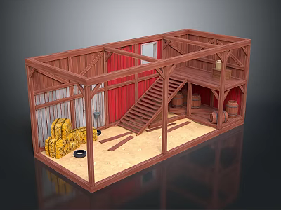 Wooden Barn Structure With Red Walls Staircase Hay Bales And Barrels 3d model