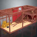 Wooden Barn Structure With Red Walls Staircase Hay Bales And Barrels