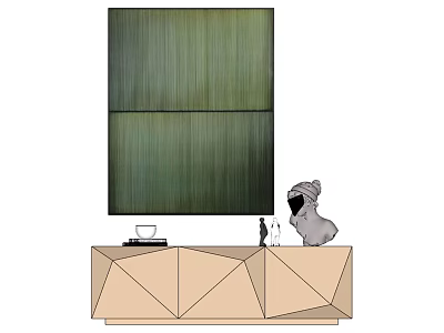 Modern Interior Featuring Green Vertical Striped Painting And Geometric Beige Cabinet With Decorative Items 3d model