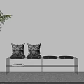 Interior Scene With Grey Bench Geometric Pattern Cushions Open Shelf Book Green Plant White Wall