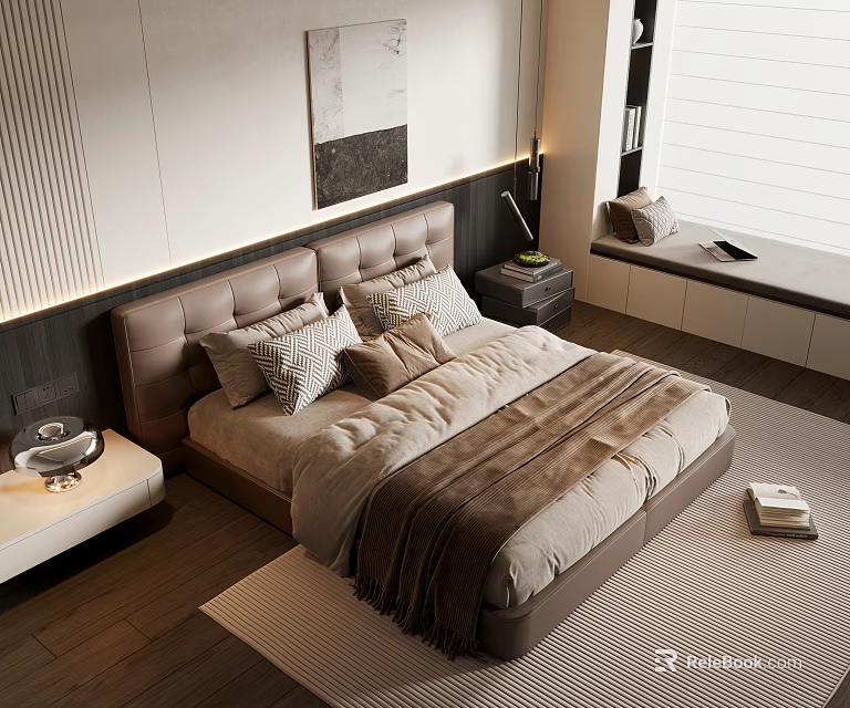 Modern Bedroom Interior With Upholstered Headboard Plush Pillows Throw Blanket Nightstand Lamp And Area Rug 3d model 