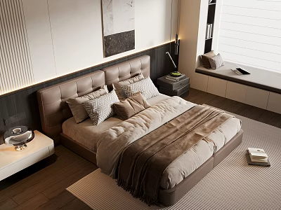 Modern Bedroom Interior With Upholstered Headboard Plush Pillows Throw Blanket Nightstand Lamp And Area Rug 3d model