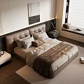 Modern Bedroom Interior With Upholstered Headboard Plush Pillows Throw Blanket Nightstand Lamp And Area Rug