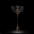 Medieval Battle Axe with Intricate Metal Head and Decorative Stone Inlays