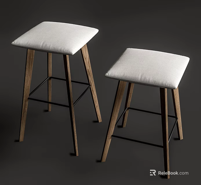 Modern Minimalist Stools With White Padded Seats Wooden Legs And Black Metal Frames 3d model 