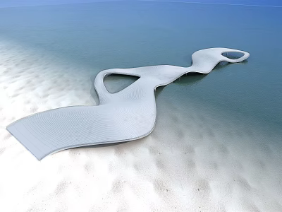 Curved White Bridge Design Over Shallow Water With Sandy Surroundings And Smooth Surface 3d model