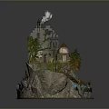 Scenic Castle Landscape With Flag Trees Grass Path Bridge And Rocky Water Base