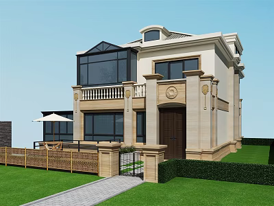 Elegant European Detached Villa With Large Windows Balcony Patio And Green Lawn 3d model