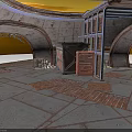 Industrial Interior With Arched Structures Metal Frames Wooden Crates And Brick Floor