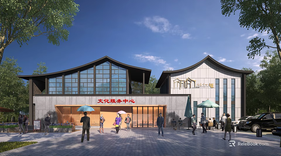 Tourist Center for Cultural Service With Traditional Architecture Surrounded by Trees and Outdoor Seating Area 3d model 