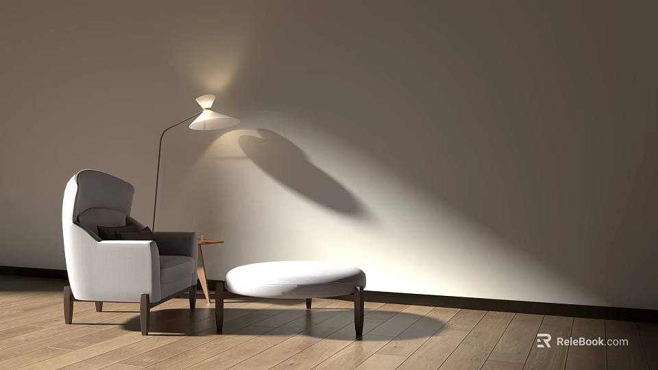 Gray Single Sofa Interior With Floor Lamp Ottoman Light Colored Wall And Wooden Floor 3d model 