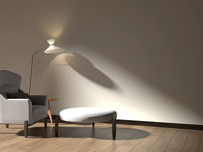 Gray Single Sofa Interior With Floor Lamp Ottoman Light Colored Wall And Wooden Floor 3d model