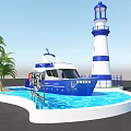 Blue Sea and Sky Yacht Club With Blue White Lighthouse Yacht Palm Trees And Water