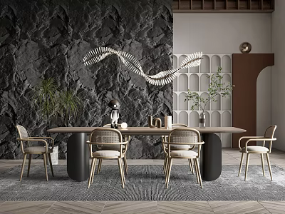 Modern Dining Table Set With Wooden Table Chairs Black Stone Wall And Pendant Light 3d model