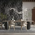 Modern Dining Table Set With Wooden Table Chairs Black Stone Wall And Pendant Light