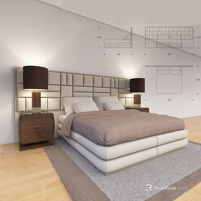 Double Bed With Tufted Headboard Nightstands Table Lamps And Wall Design Sketches 3d model 
