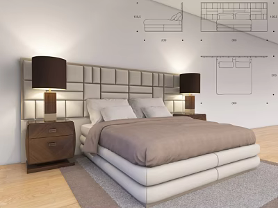 Double Bed With Tufted Headboard Nightstands Table Lamps And Wall Design Sketches 3d model