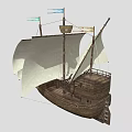 Traditional Wooden Sailboat With White Sails Green And Blue Flags On Deck