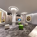 Modern Shoe Store Interior Featuring Circular Display Racks Green Seats And Golden Accent Walls