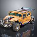 Yellow Modified Off Road Vehicle With Exposed Engine Oversized Tires Colorful Stripes And Roof Spoiler