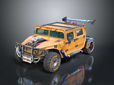 Yellow Modified Off Road Vehicle With Exposed Engine Oversized Tires Colorful Stripes And Roof Spoiler 3d model