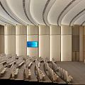 Spacious Conference Room Interior With Large Screen Side Displays And Arranged White Chairs
