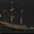 Vintage Wooden Sailboat Model With Tall Masts And Blue White Flag