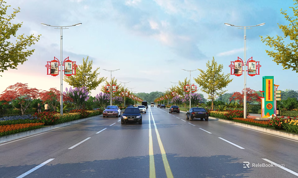Urban Road Infrastructure Featuring Street Lights with Red Decorations Green Belts Trees and Moving Vehicles 3d model 