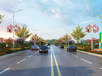 Urban Road Infrastructure Featuring Street Lights with Red Decorations Green Belts Trees and Moving Vehicles 3d model