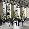 Modern Restaurant Interior With Large Windows Green Plants White Tables And Black Chairs
