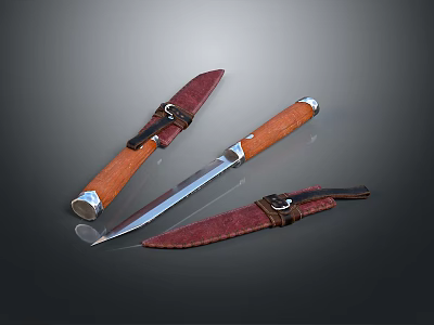 Traditional Weapon Knife With Wooden Handle Leather Sheath And Sharp Metal Blade 3d model