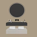 Modern Bathroom Vanity Cabinet with Round Mirror Gray Countertop and White Towels