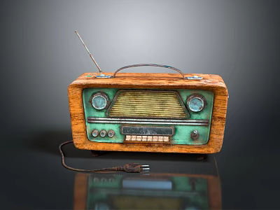 Vintage Electronics Radio With Wooden Case Green Front Panel Antenna And Control Knobs 3d model