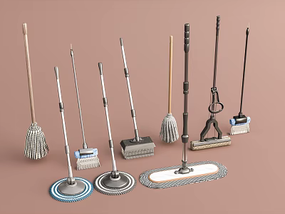 Different Types of Cleaning Tools Including Mops Brooms and Floor Cleaning Brushes 3d model
