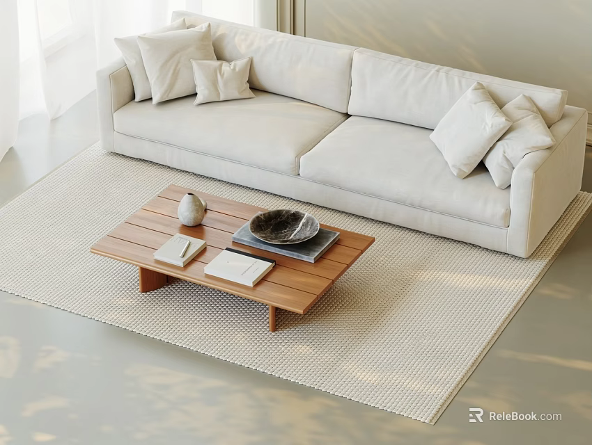 Modern Light Colored Sofa With Cushions And Wooden Coffee Table On Beige Rug 3d model 