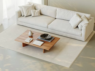 Modern Light Colored Sofa With Cushions And Wooden Coffee Table On Beige Rug 3d model