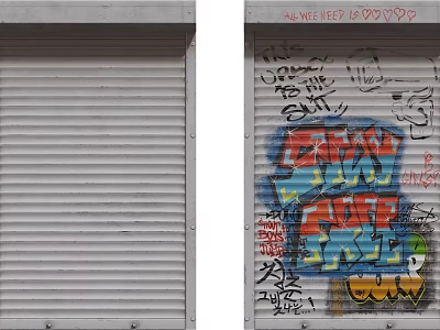 Vibrant Graffiti Art Covering Closed Roller Shutter In Urban Street 3d model
