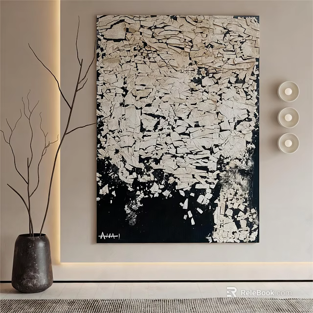 Black And White Abstract Painting With Textured Fragments On Minimalist Wall With Decorative Branches 3d model 