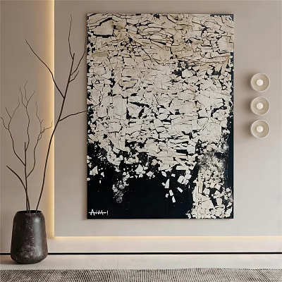 Black And White Abstract Painting With Textured Fragments On Minimalist Wall With Decorative Branches 3d model