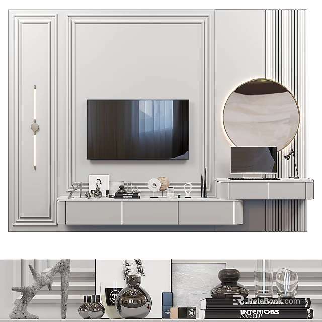 Modern Living Room TV Console Design With Round Mirror Wall Light And Storage Cabinets 3d model 